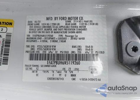 2022 Ford Mustang Ecoboost Premium z USA, uszkodzony, nr VIN 1FATP8UH6N5119260